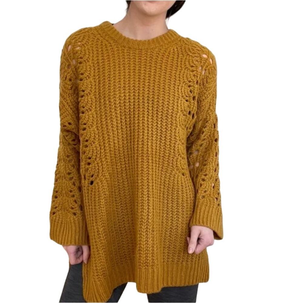 Anthropologie XS Womens Pilcro Devenne Pointelle Knit Sweater Gold Chunky